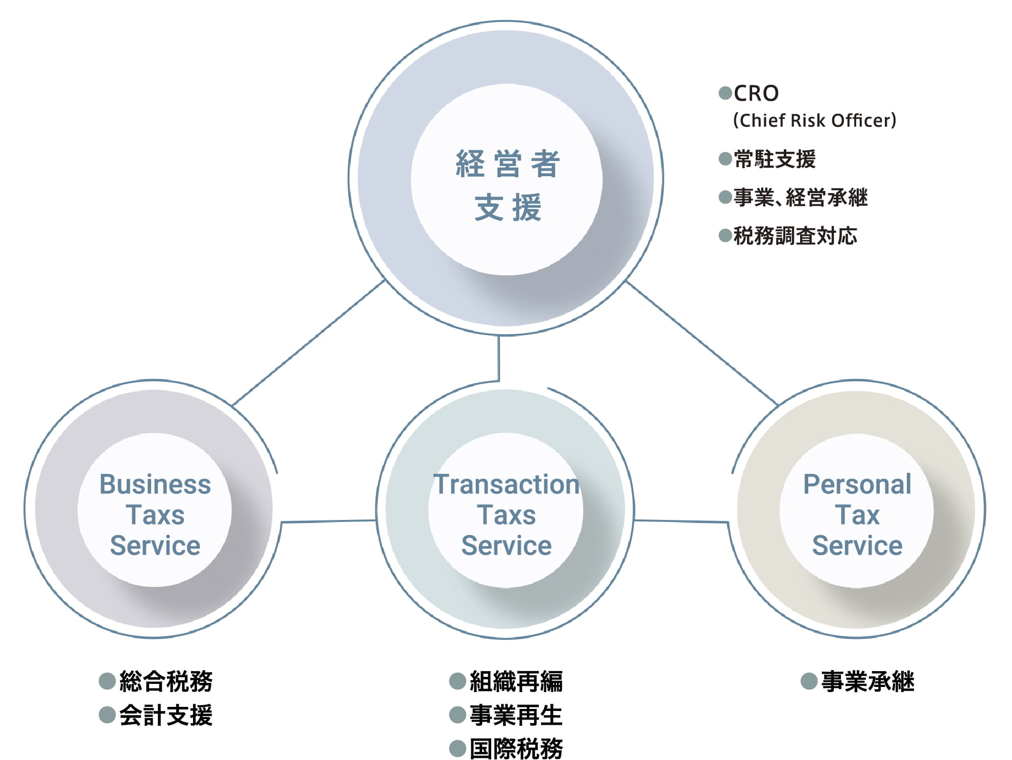 中央に「経営者支援」がありCRO、常駐支援、事業・経営承継、税務調査対応が記載されています